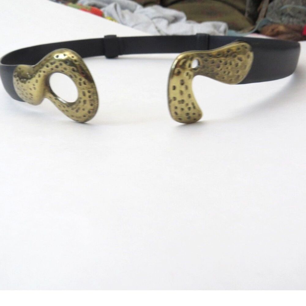 Chico's Women's Vintage Hammered Brass Adjustable Belt Black Leather S/M NWOT - Picture 5 of 7